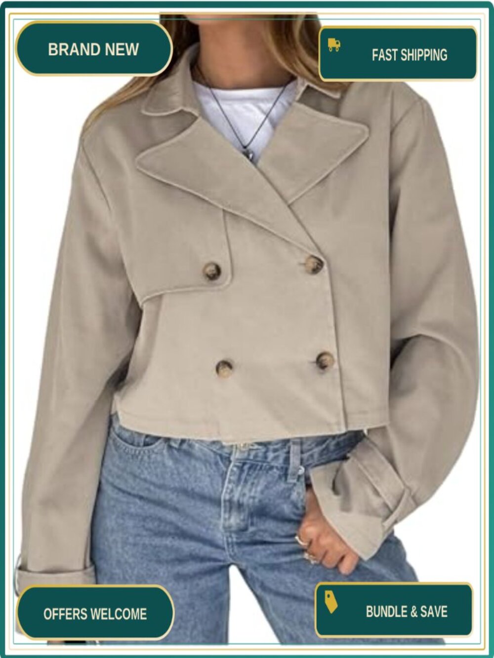 Cropped Trench Coat Double Breasted Lapel Collar Business Casual Fall Jacket